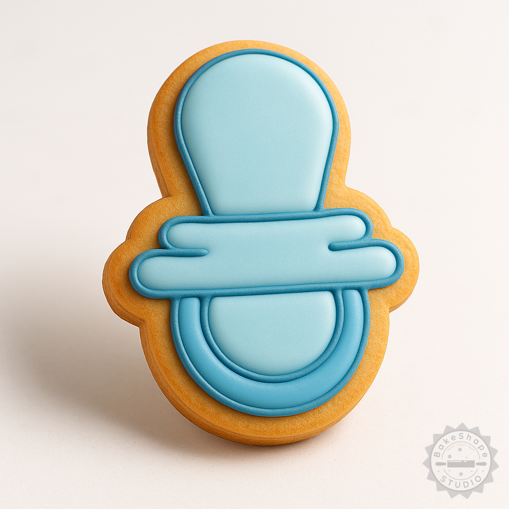 Decorated example 1 of Baby Pacifier Cookie Cutter and Stamp Set, Perfect for Fondant, Includes 6 Pieces in S/M/L Sizes