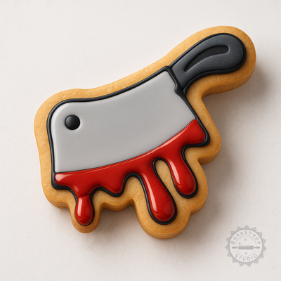Decorated example 1 of Bloody Cleaver Cookie Cutter Set, 6 Pieces, Perfect for Halloween Fondant, S/M/L Sizes