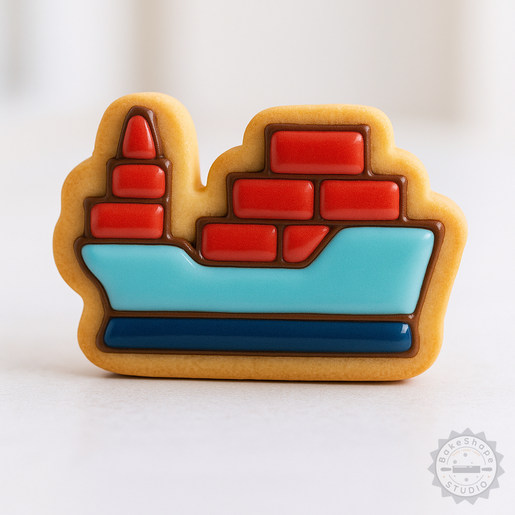 Decorated example 1 of Cargo Ship Cookie Cutter and Stamp Set, Perfect for Cookies and Fondant, Includes 6 Pieces in Assorted Sizes