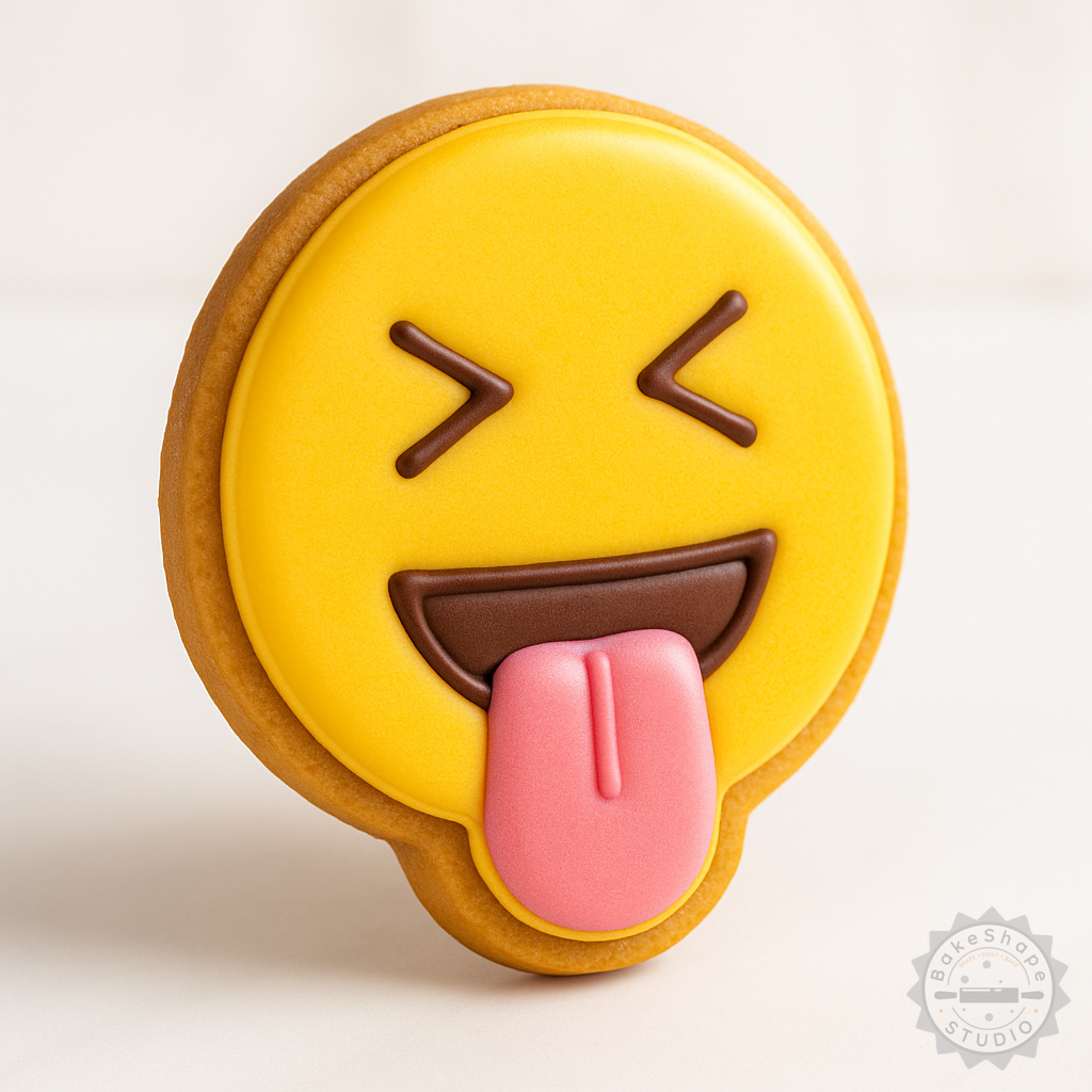 Decorated example 1 of Sticking Out Tongue Cookie Cutter and Stamp Set, 6-Piece, Emoji Face Designs, S/M/L Sizes for Cookies and Fondant