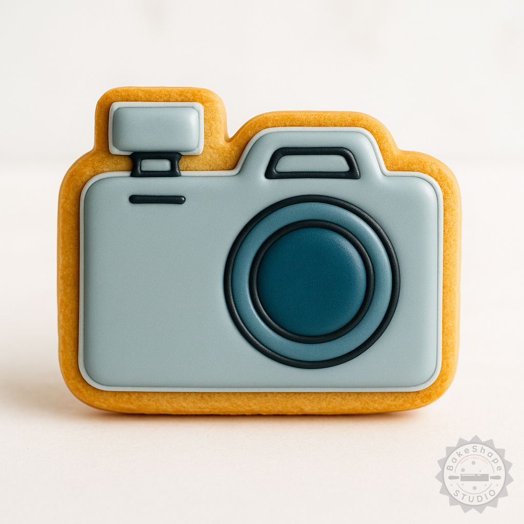 Decorated example 1 of Camera Theme Cookie Cutter and Stamp Set, 6-Piece, S/M/L, Perfect for Cookies and Fondant