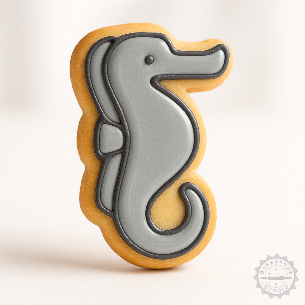 Decorated example 1 of Seahorse Cookie Cutter and Stamp Set, 6-Piece, Ocean Marine Animal Shapes, S/M/L Sizes