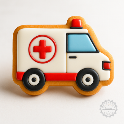 Decorated example 1 of Ambulance Cookie Cutter Set, S/M/L Sizes, 6-Piece, Perfect for Cookies & Fondant, Medical Transport Shapes