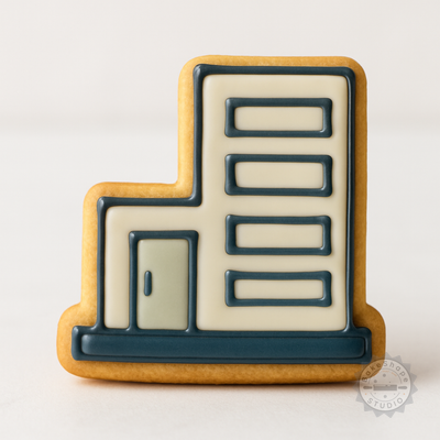 Decorated example 1 of Building Shape Cutter and Stamp Set, Cookies Fondant Baking Tools, 6-Piece, S/M/L Sizes