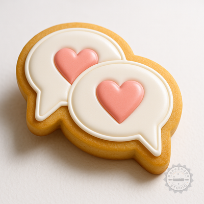 Decorated example 1 of Romantic Chat Cookie Cutter & Stamp Set, Heart Message Design, 6 Piece, Perfect for Cookies & Fondant, S/M/L Sizes