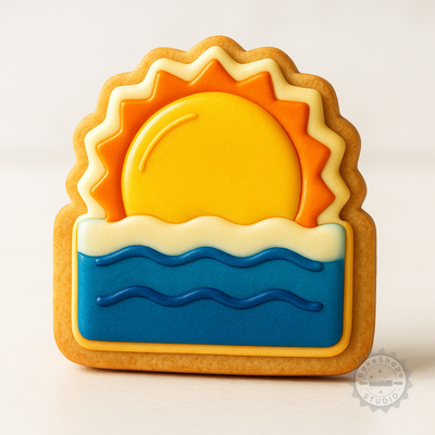 Decorated example 1 of Sunrise Ocean Cookie Cutter & Stamp Set, Perfect for Fondant, 3 Sizes, 6 Pieces