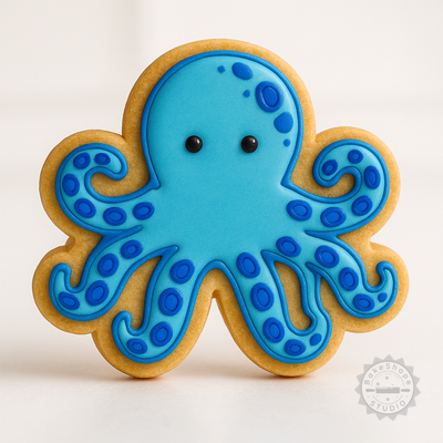 Decorated example 1 of Octopus Shape Cutter and Stamp Set, Perfect for Cookies, Fondant, Blue Ring Ocean Octopus Design, 3 Sizes S/M/L, 6 Pieces