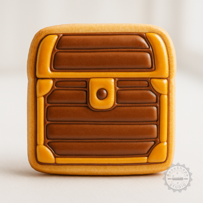 Decorated example 1 of Treasure Chest Cookie Cutter & Stamp Set, 6-Piece, Perfect for Fondant & Cookies in S/M/L Sizes