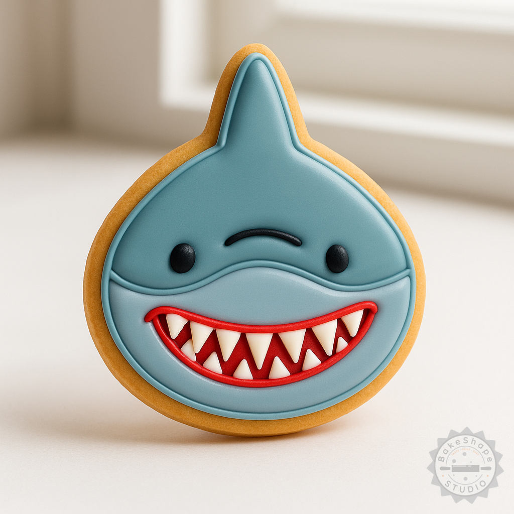 Decorated example 1 of Shark Cookie Cutter and Stamp Set, Perfect for Cookies and Fondant, Includes 3 Sizes - S/M/L