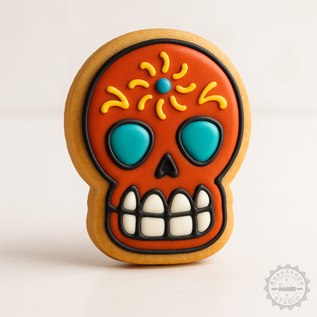 Decorated example 1 of Skull Cookie Cutter & Stamp Set, 6-Piece, Multi-Size for Cookies & Fondant, Day of the Dead Skeleton Design