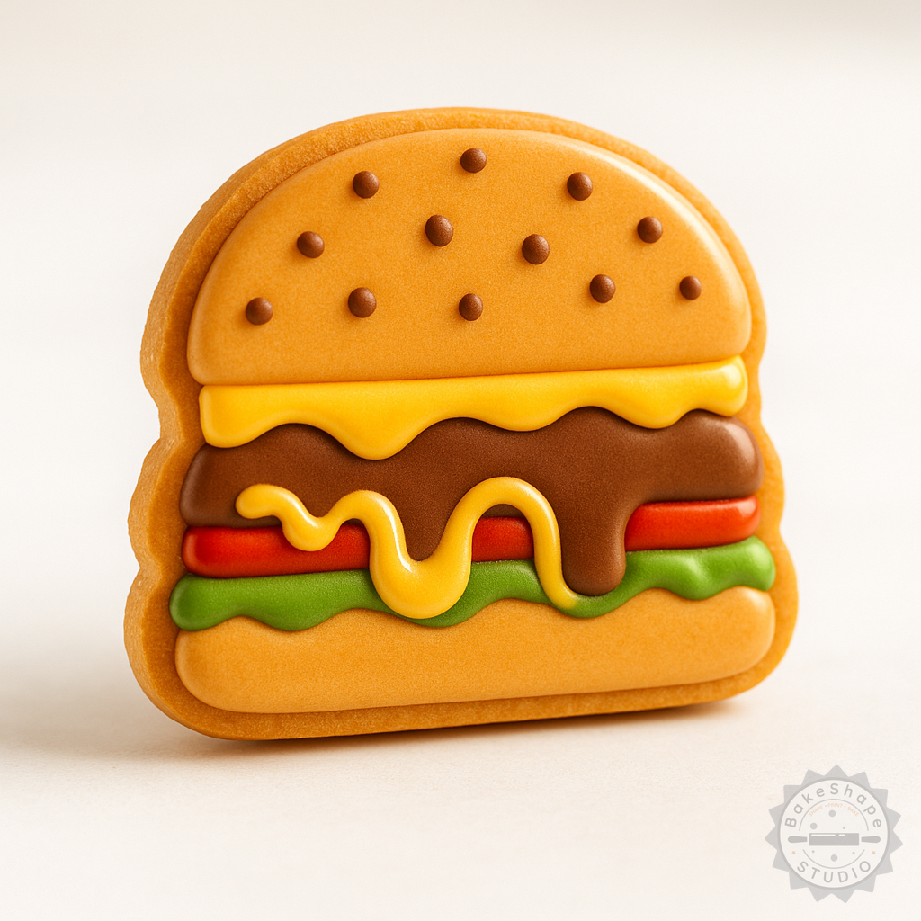 Decorated example 1 of Burger Shape Cutter & Stamp Set, Perfect for Cookies & Fondant, Includes 6 Pieces, Sizes S/M/L