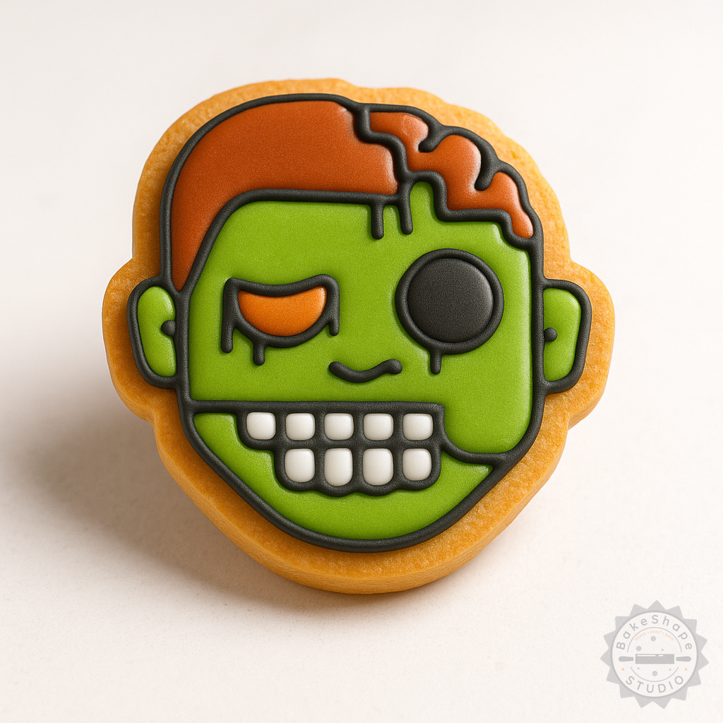 Decorated example 1 of Zombie Boy Shape Cutter and Stamp Set for Cookies and Fondant, Halloween Cookie Baking Tool, 6-Piece, Sizes S/M/L