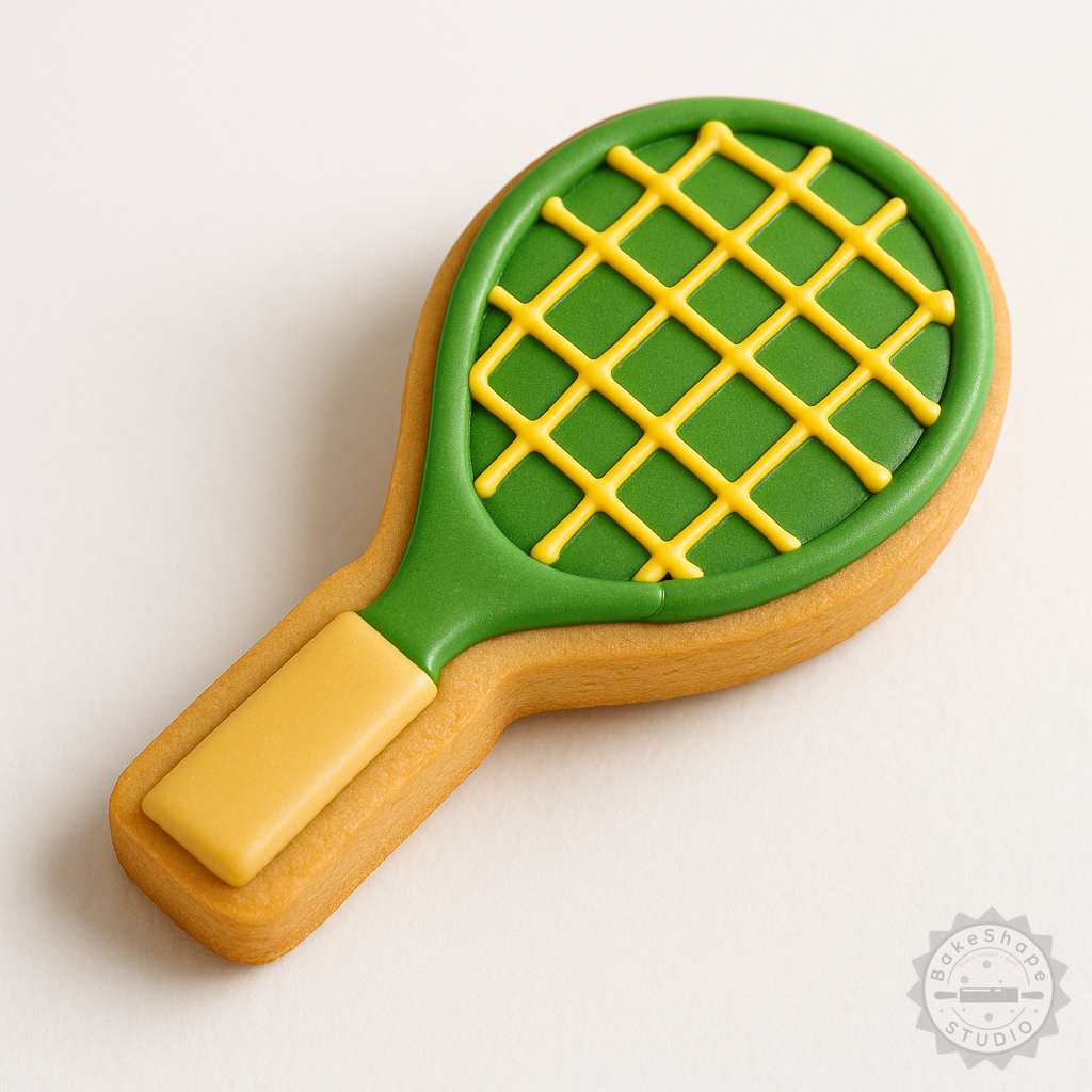 Decorated example 1 of Tennis Racket Shape Cutter and Stamp Set, Cookie Fondant Cutter, Sizes S/M/L, 6-Piece Set