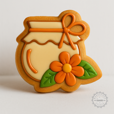 Decorated example 1 of Honey Jar with Flower Cookie Cutter Set, 6-Piece Fondant Stamp, S/M/L Sizes