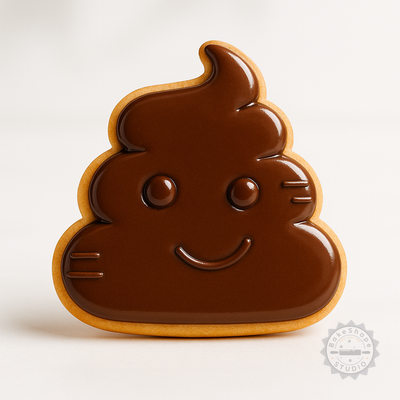 Decorated example 1 of Poop Emoji Cookie Cutter and Stamp Set, 6 Pieces, Sizes S/M/L, Emoji Poo Face Baking Tools