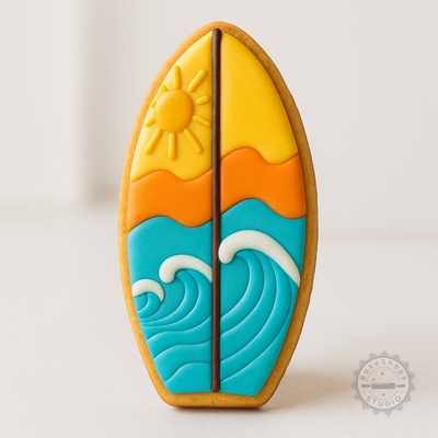 Decorated example 1 of Surfboard Shape Cutter and Stamp Set, 6 Pieces, Perfect for Cookies and Fondant Surf-Themed Baking