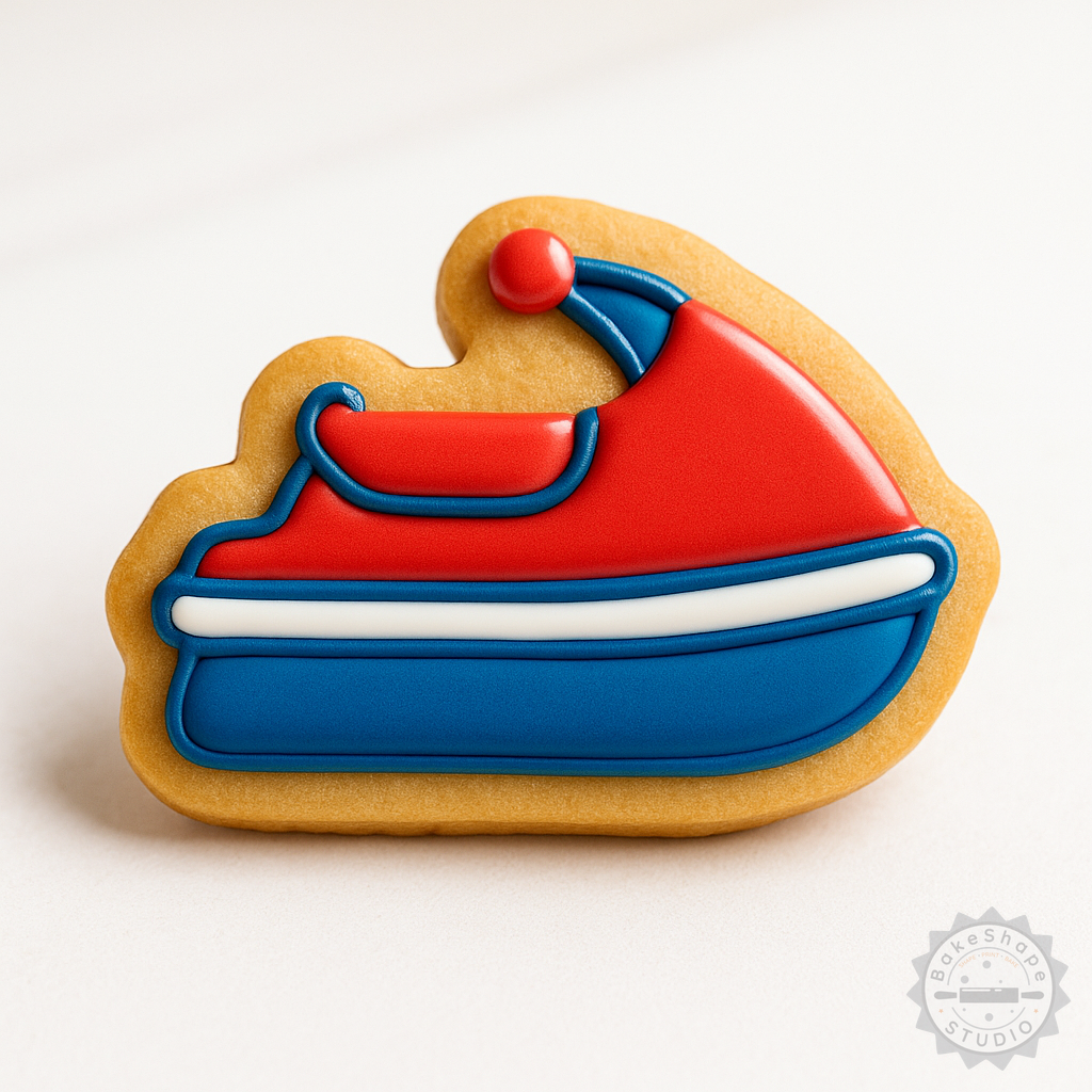 Decorated example 1 of Jet Ski Shape Cutter & Stamp Set, Perfect for Cookie & Fondant, Includes 6 Pieces, S/M/L Sizes