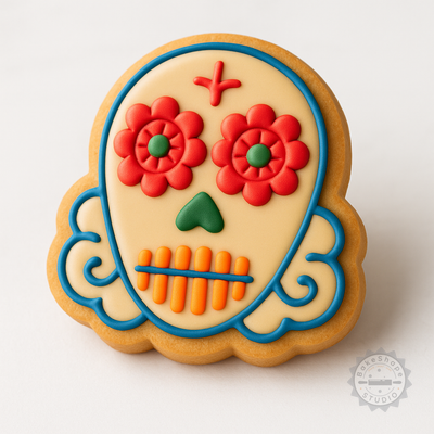 Decorated example 1 of Skull Shape Cutter & Stamp Set, 6 Piece Cookie, Fondant Tool Kit, Size S/M/L, Day of the Dead, Memento Mori Design