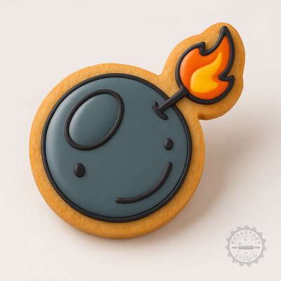 Decorated example 1 of Bomb Shape Cutter and Stamp Set for Cookies and Fondant, 6-Piece, S/M/L Sizes