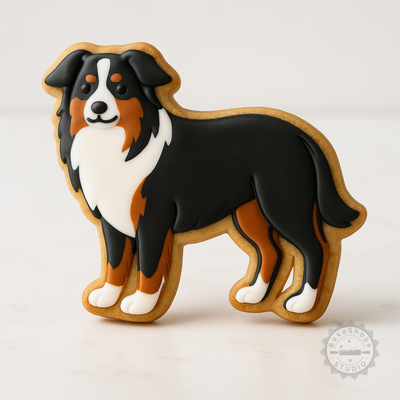 Decorated example 1 of Australian Shepherd Shape Cutter & Stamp Set, Perfect for Cookies & Fondant, 3 Sizes, 6 Pieces