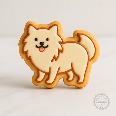 Decorated example 1 of Pomeranian Cookie Cutter and Stamp Set, 6 Piece Puppy Shaped Fondant Tools in 3 Sizes