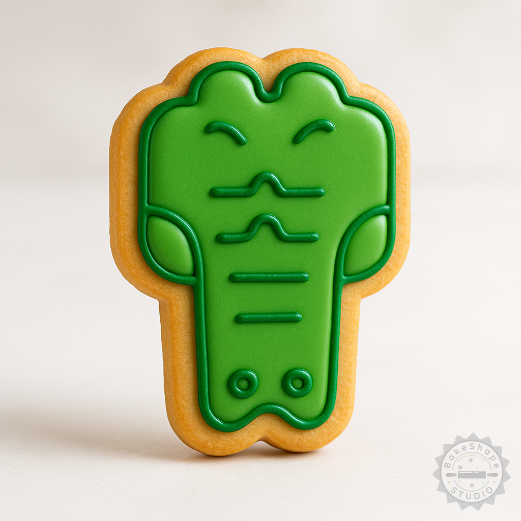 Decorated example 1 of Crocodile Cookie Cutter & Stamp Set, 6-Piece, Reptile Fondant Designs, Alligator Baking Tools