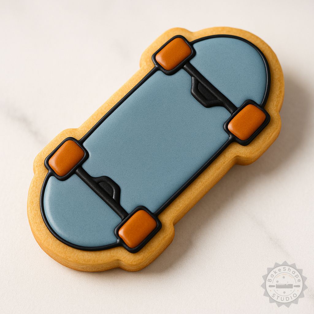 3-in-1 skateboard cookie cutter and stamp STL file for 3D printing with small, medium, and large sizes