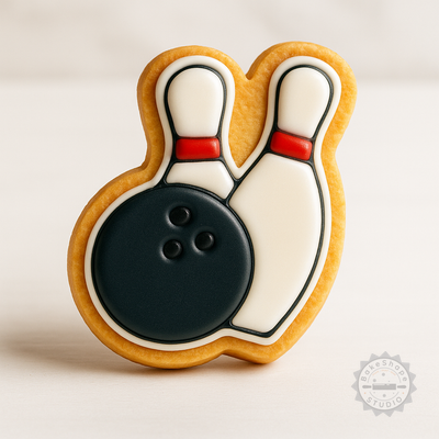 Decorated example 1 of Bowling Shape Cutter and Stamp Set, Cookie Fondant Cutters, 6-Piece Bowling Ball and Pin Design
