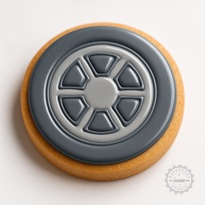 Decorated example 1 of Wheel Shape Cutter and Stamp Set for Cookies, Fondant - 6 Piece Round Wheel Design, Sizes S/M/L