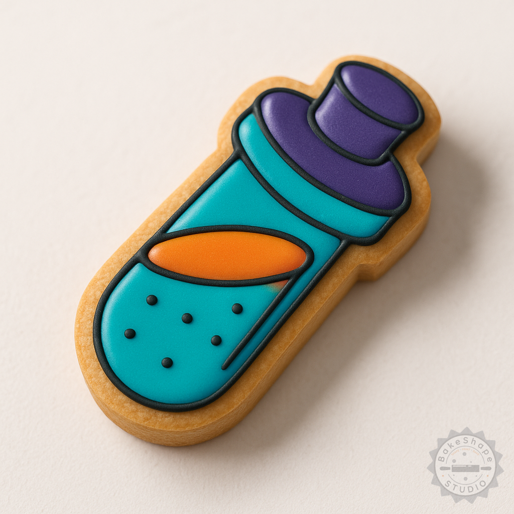 Decorated example 1 of Potion Shape Cutter and Stamp Set, Perfect for Cookies and Fondant, Includes 6 Pieces in Sizes S/M/L