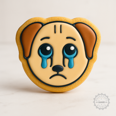 Decorated example 1 of Cry Shape Cutter and Stamp Set, Sad Dog, Tearful Pup, Cookie Fondant Cutter, 6 Piece, S/M/L Sizes