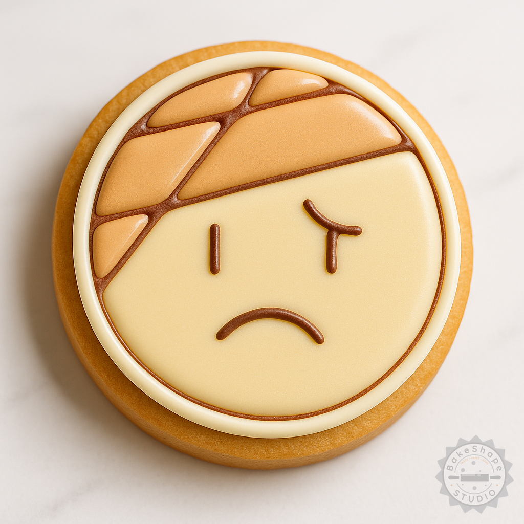 Decorated example 1 of Bandaged Cookie Fondant Cutter Stamp Set, 6 Piece, Emoji Face Designs in 3 Sizes for Baking and Decorating