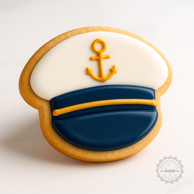 Decorated example 1 of Captain Hat Cookie Cutter Set, Sailor Hat Shape, Fondant Stamp, 3 Sizes S/M/L, 6 Pieces