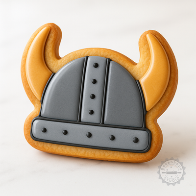 Decorated example 1 of Viking Helmet Cookie Cutter Set, Shape Stamp for Fondant, Nordic Warrior Helm in 3 Sizes