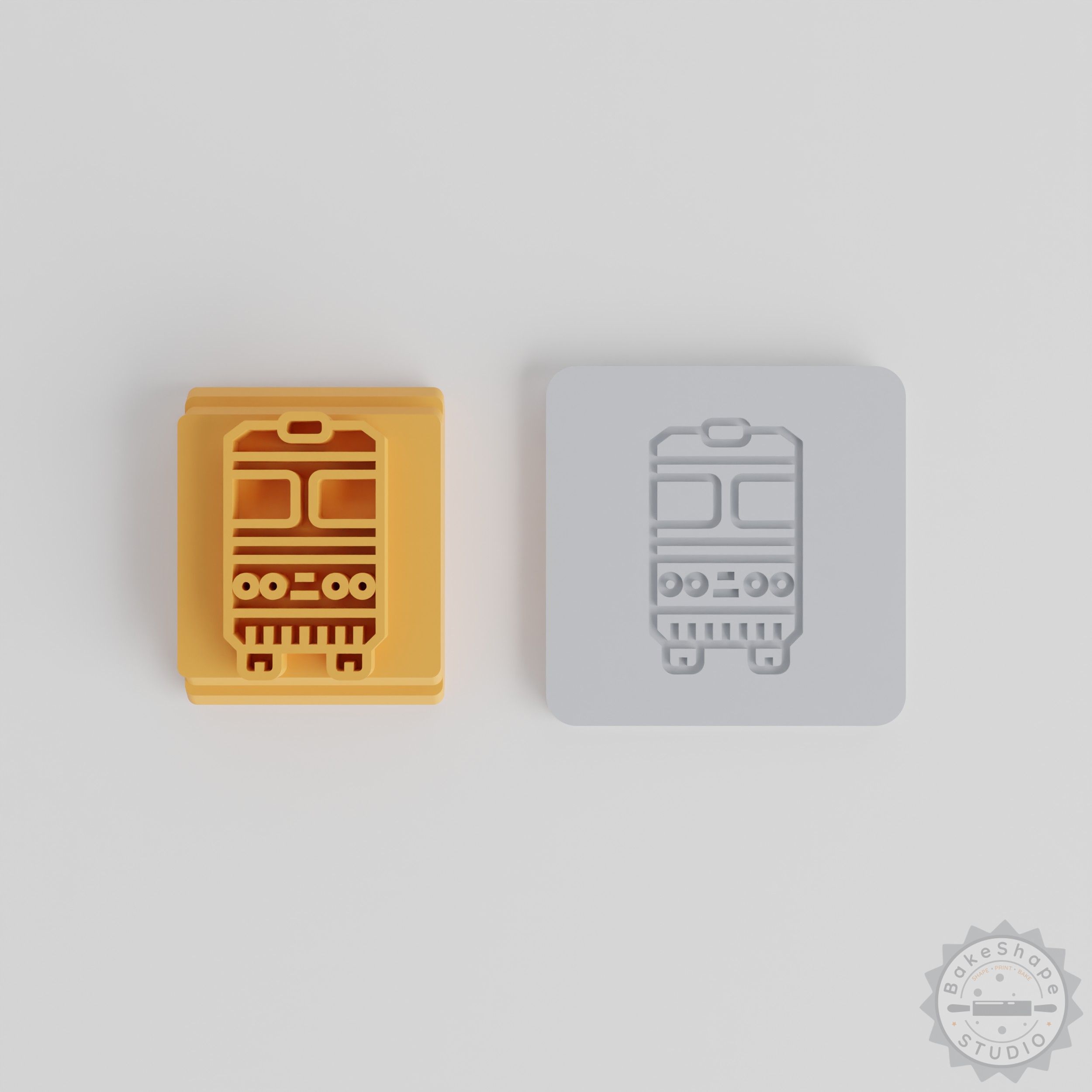 Train stamp and tile set STL for 3D printing with five size variations for clay, cookie, and fondant projects
