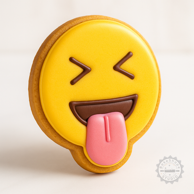 Decorated example 1 of Sticking Out Tongue Cookie Cutter and Stamp Set, 6-Piece, Emoji Face Designs, S/M/L Sizes for Cookies and Fondant