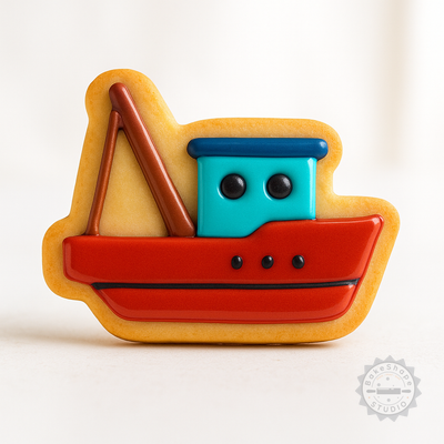 Decorated example 1 of Fisherman Boat Cookie Cutter Set, 6 Piece Fishing Vessel Fondant Cutter & Stamp, S/M/L Sizes