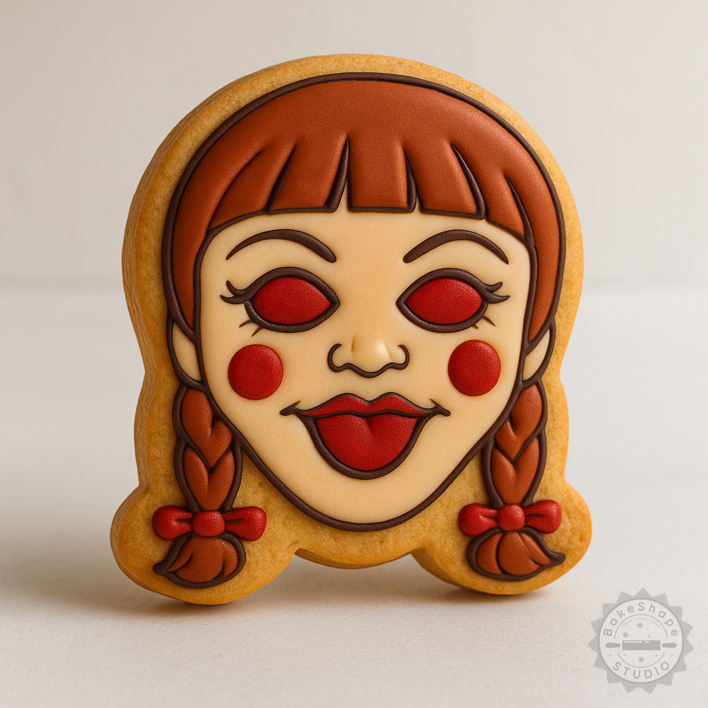 Decorated example 1 of Halloween Cookie Cutter and Stamp Set, Creepy Doll Design, 6 Piece, 3 Sizes