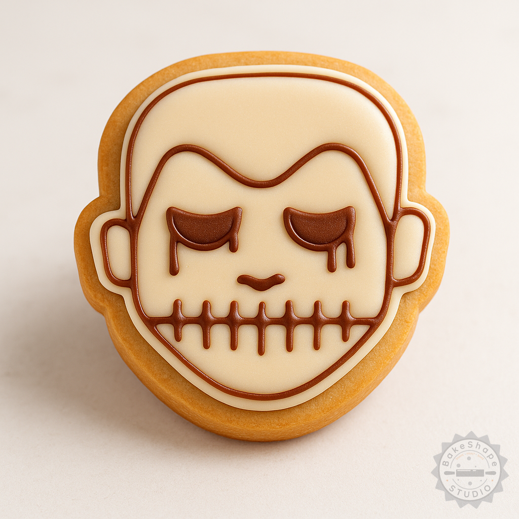 Decorated example 1 of Skull Boy Cookie Cutter Stamp Set, Halloween Skull Shape, 6-Piece Fondant Tools in S/M/L Sizes