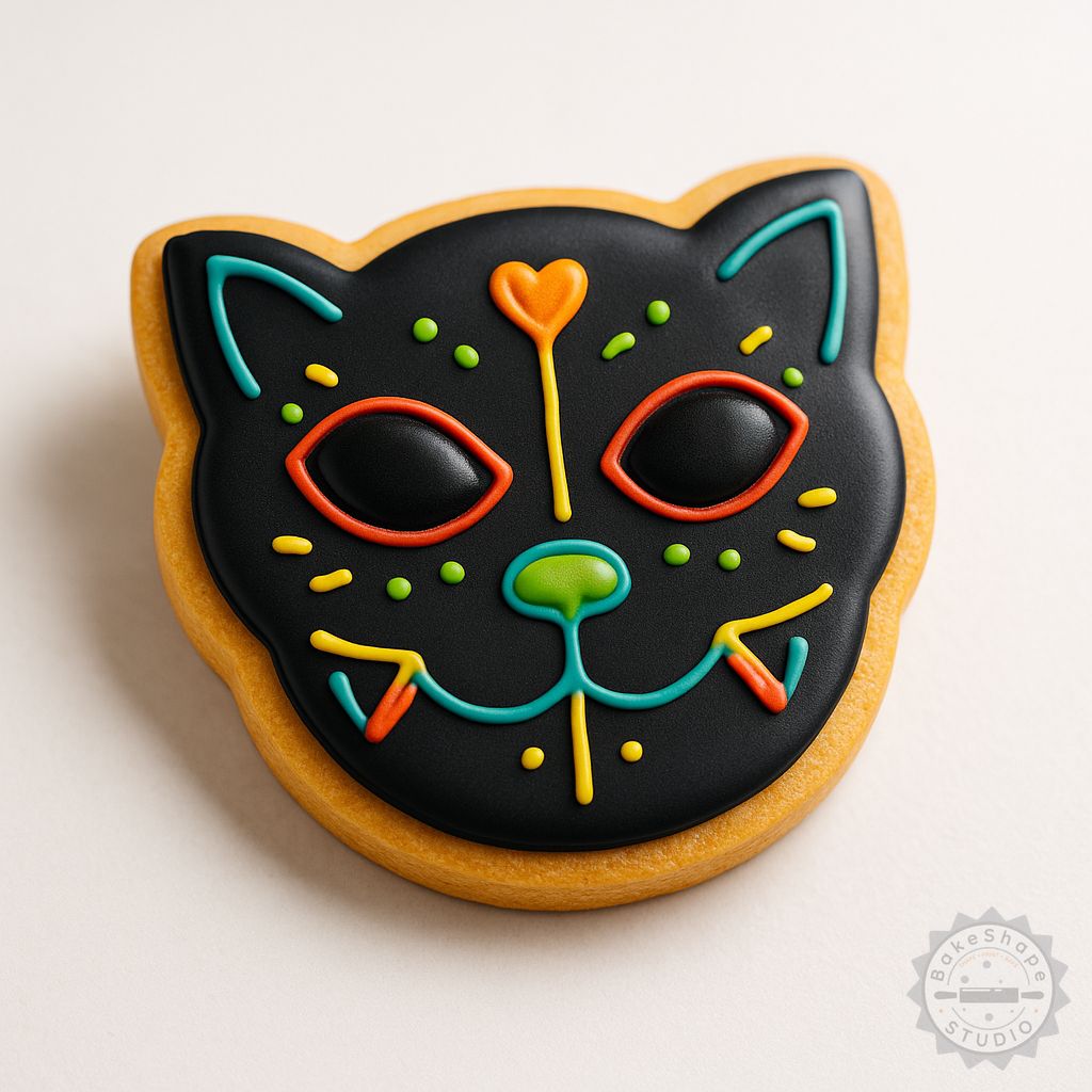 Cat cookie cutter and stamp set STL with Day of the Dead sugar skull designs in three sizes for 3D printing