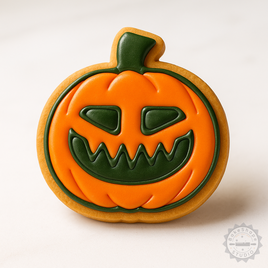 Decorated example 1 of Evil Pumpkin Halloween Cookie Fondant Cutter & Stamp Set, 6-Piece, 3 Sizes