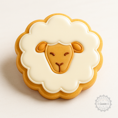 Decorated example 1 of Sheep Cookie Cutter and Stamp Set, 6 Piece, S/M/L Sizes for Fondant, Baking, Farm Animal Design