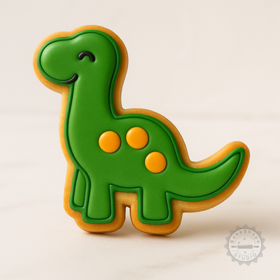 Decorated example 1 of Dinosaur Cookie Cutter & Stamp Set, 6 Piece Pack, Brontosaurus Design, 3 Sizes