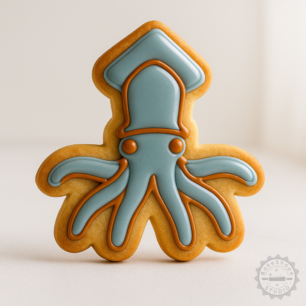 Decorated example 1 of Squid Shape Cookie Cutter and Stamp Set, 6 Pieces, S/M/L Sizes, Perfect for Cookies and Fondant, Sea Creature Baking Tools