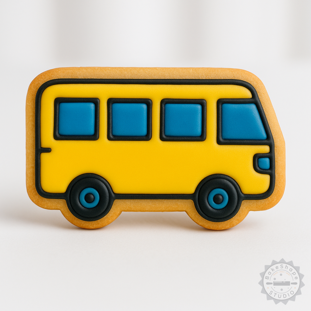 Decorated example 1 of Bus Shape Cutter & Stamp Set, Perfect for Cookies & Fondant, S/M/L Sizes, 6-Piece Pack