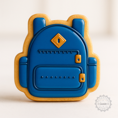 Decorated example 1 of School Bag Set with Shape Cutter and Stamp, Perfect for Cookies and Fondant, 6-Piece Collection