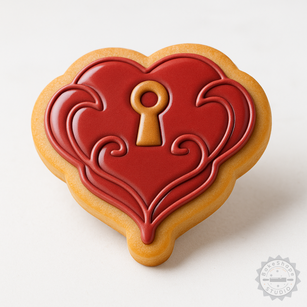 Decorated example 1 of Locked Heart Cookie Fondant Cutter & Stamp Set, Heart Design, 3 Sizes, 6 Pieces