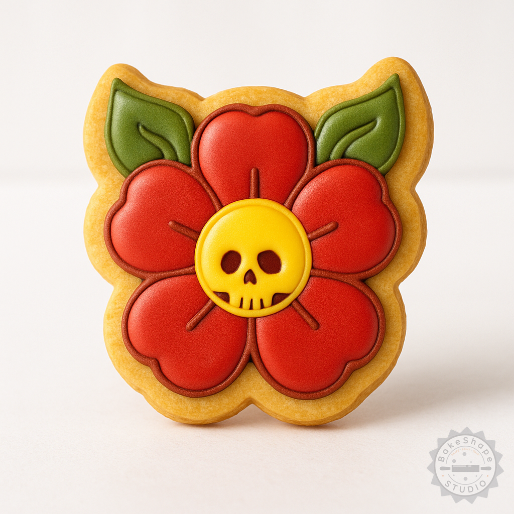 Decorated example 1 of Flower Shape Cutter and Stamp Set, Perfect for Cookies and Fondant, 6-Piece, Skull Flower, Day of the Dead Design