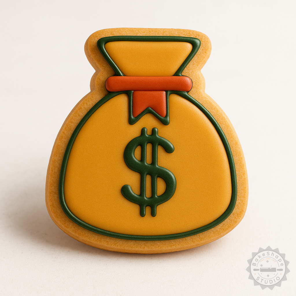 Decorated example 1 of Sack Shape Cutter and Stamp Set for Cookies and Fondant, 6 Pieces, Small Medium Large Sizes