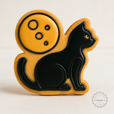 Decorated example 1 of Halloween Black Cat Cookie Cutter Stamp Set, 6-Piece Fondant Mold Collection, Small Medium Large